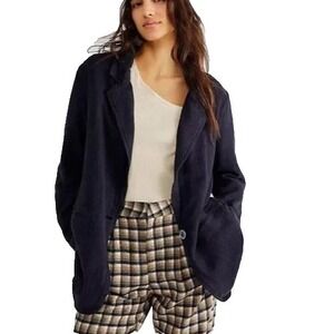 Free‎ People Boyfriend Blazer Large Blue Oversized Linen Jacket Slouchy Prep